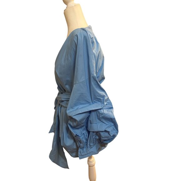 NWT Aomei Blue Wrap Blouse Puff Sleeves & Waist Tie 2XL - Picture 3 of 6